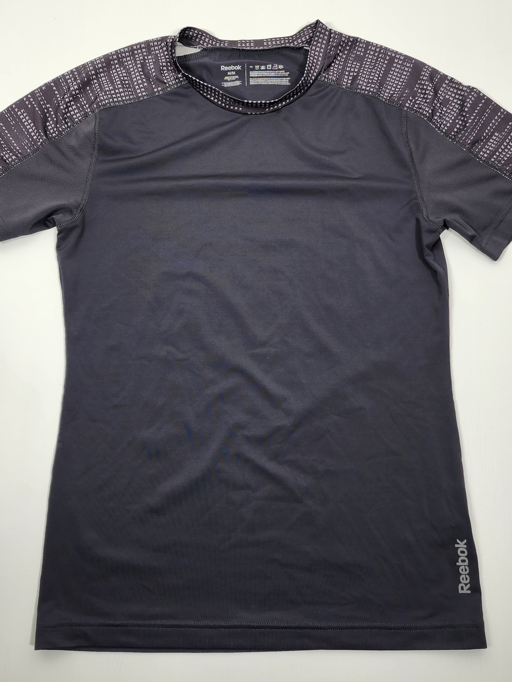 Reebok Men’s Short Sleeve Athletic Tee - Charcoal with Patterned Shoulders